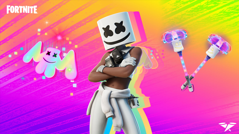 遊戲中的 Fortnite、Marsha 和 MARSHINOBI 服裝中的 Marshmello 的 Melloverse 皮膚